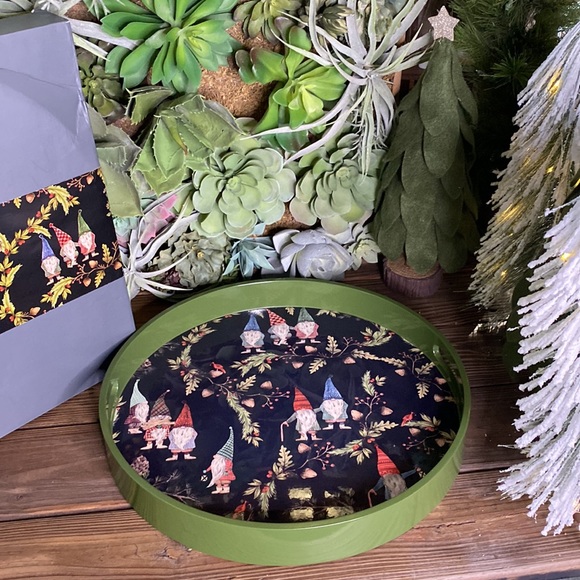 Pottery Barn Black and Green Whimsical Forest Gnome Handcrafted Serving Tray - Picture 5 of 16